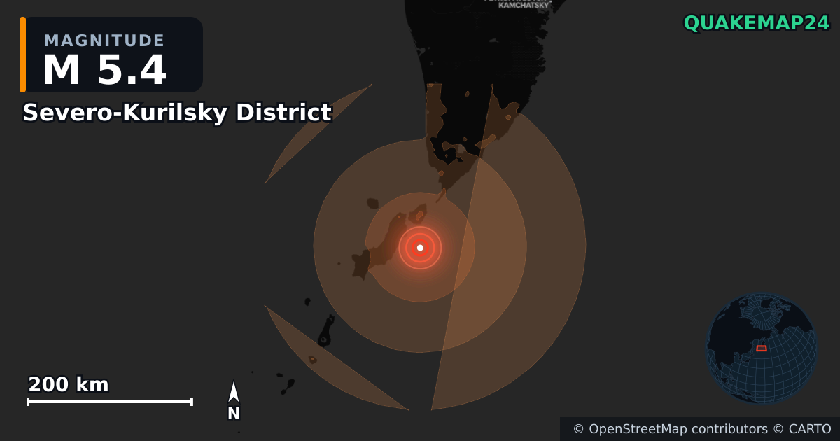 M5.4 earthquake near Severo-Kurilsky District on Aug 15, 2026 — map of epicenter and shaking intensity | QuakeMap24