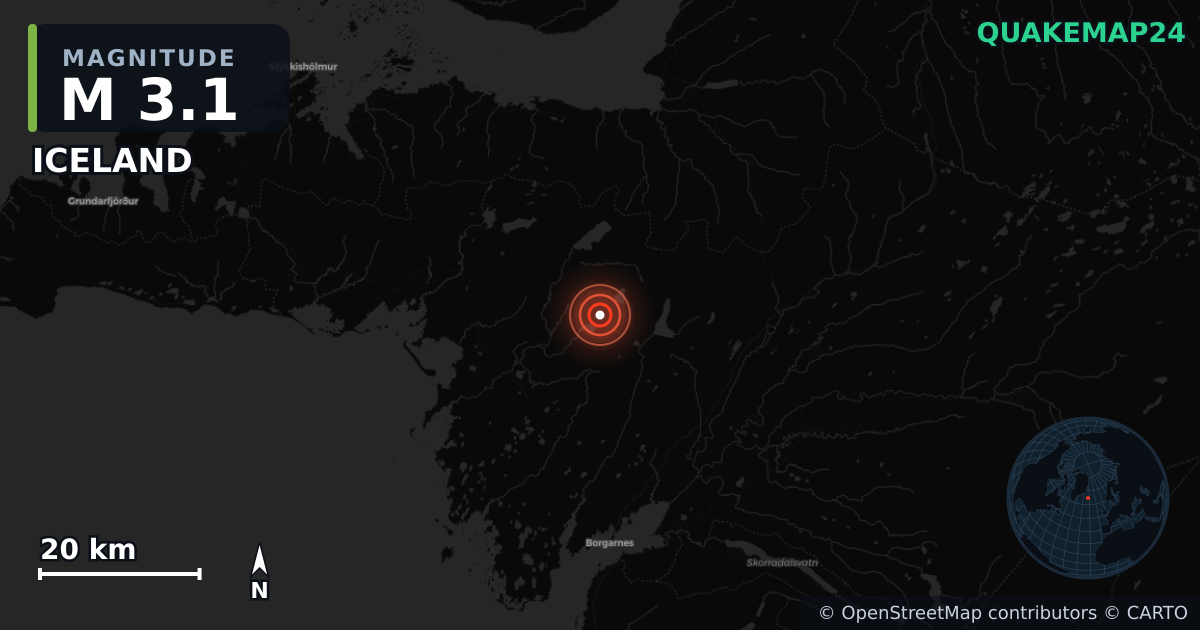 M3.1 earthquake near ICELAND on Oct 2, 2025 — map of epicenter and shaking intensity | QuakeMap24