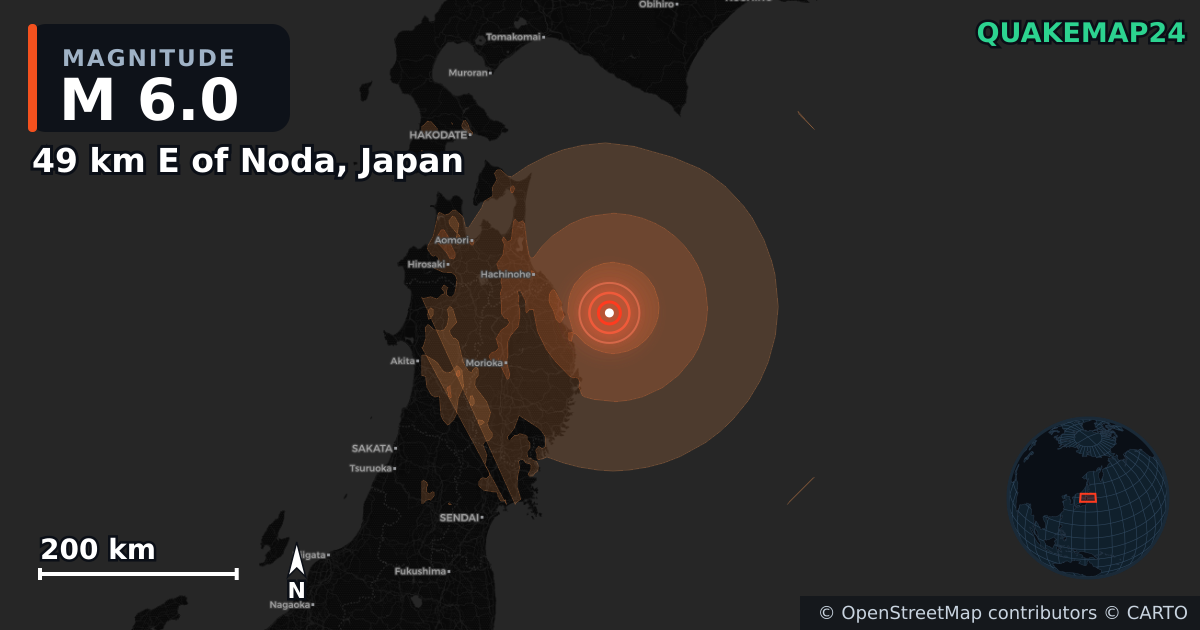 M6.0 earthquake near 49 km E of Noda, Japan on Jul 1, 2026 — map of epicenter and shaking intensity | QuakeMap24