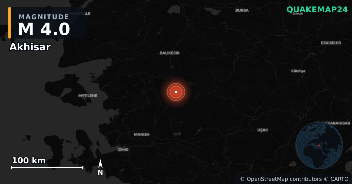 M4.0 earthquake near Akhisar on Nov 1, 2025 — map of epicenter and shaking intensity | QuakeMap24