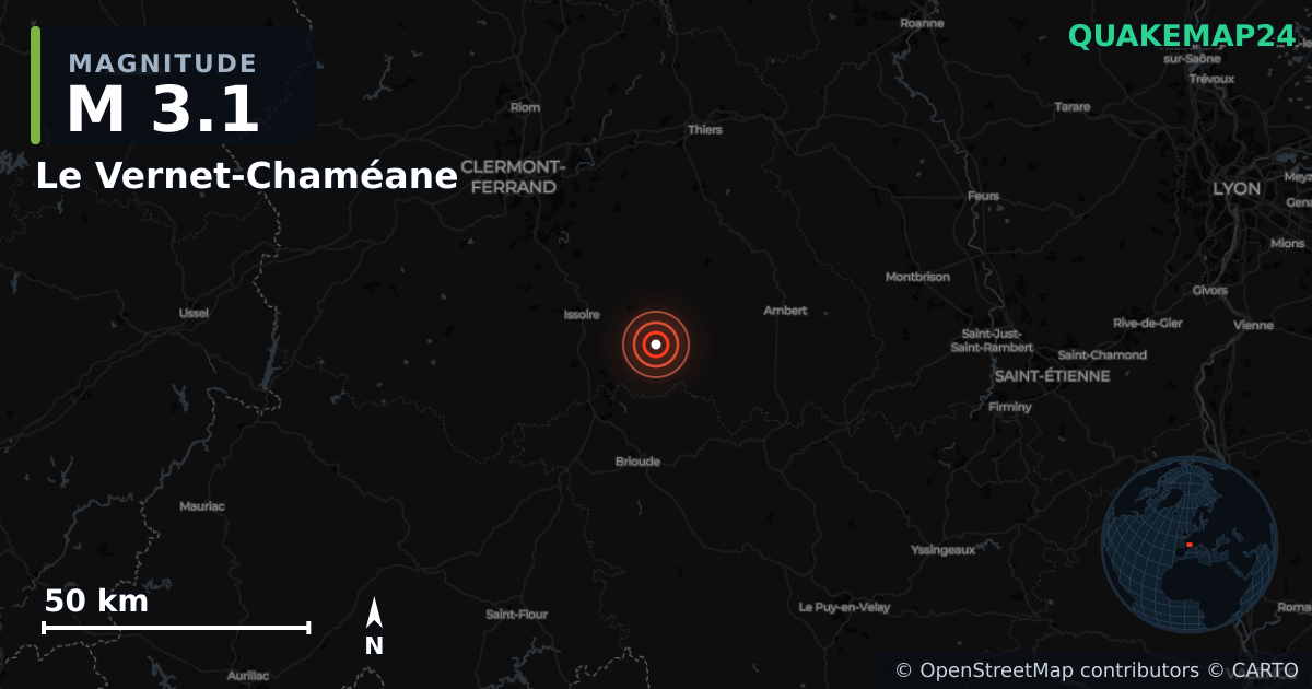 Σεισμός M3,1 κοντά στο Le Vernet-Chaméane, Auvergne-Rhône-Alpes (Γαλλία) · 2026-10-17 — Χάρτης της θέσης του επικέντρου