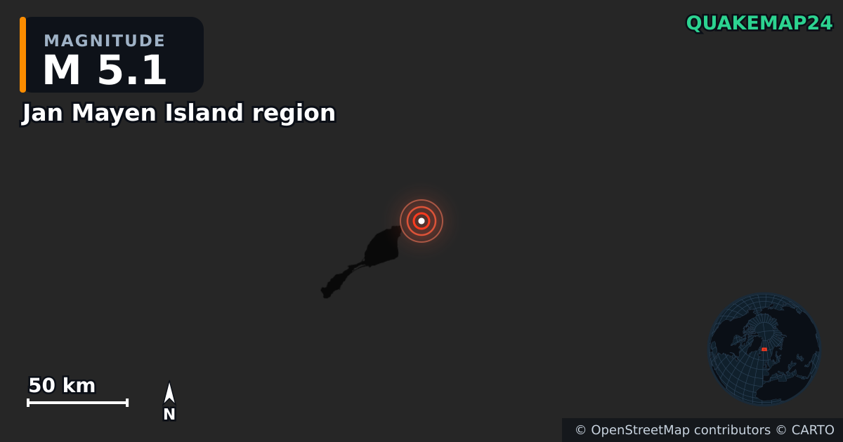 M5.1 earthquake near Jan Mayen Island region on Oct 5, 2025 — map of epicenter and shaking intensity | QuakeMap24