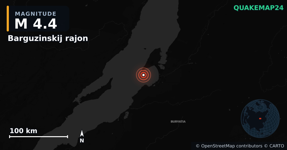 M4.4 earthquake near Barguzinskij rajon on May 8, 2026 — map of epicenter and shaking intensity | QuakeMap24