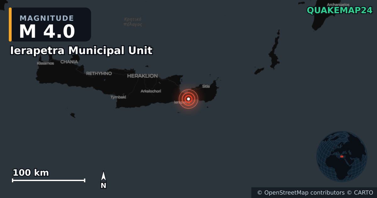 Erdbeben M4,0 bei Ierapetra Municipal Unit, Region of Crete (Griechenland) · 2026-10-26 — Karte der Lage des Epizentrums