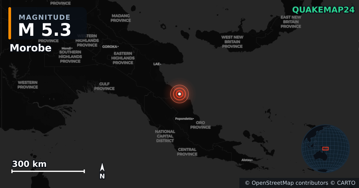 M5.3 earthquake near Morobe on Jul 5, 2025 — map of epicenter and shaking intensity | QuakeMap24