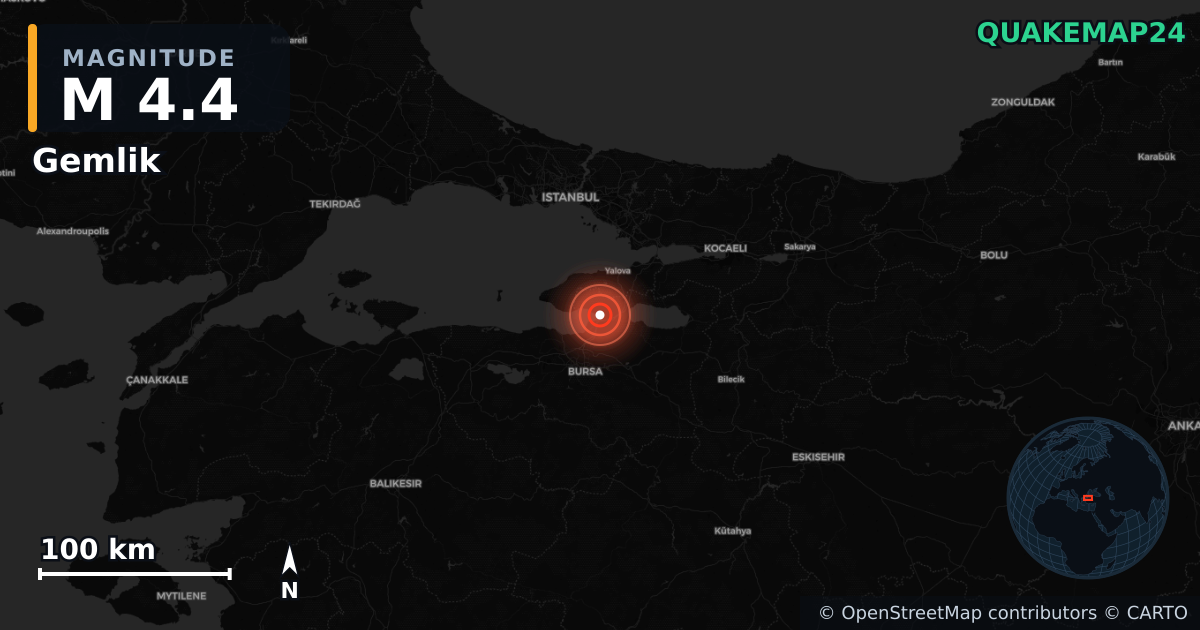 M4.4 earthquake near Gemlik on Jul 2, 2025 — map of epicenter and shaking intensity | QuakeMap24