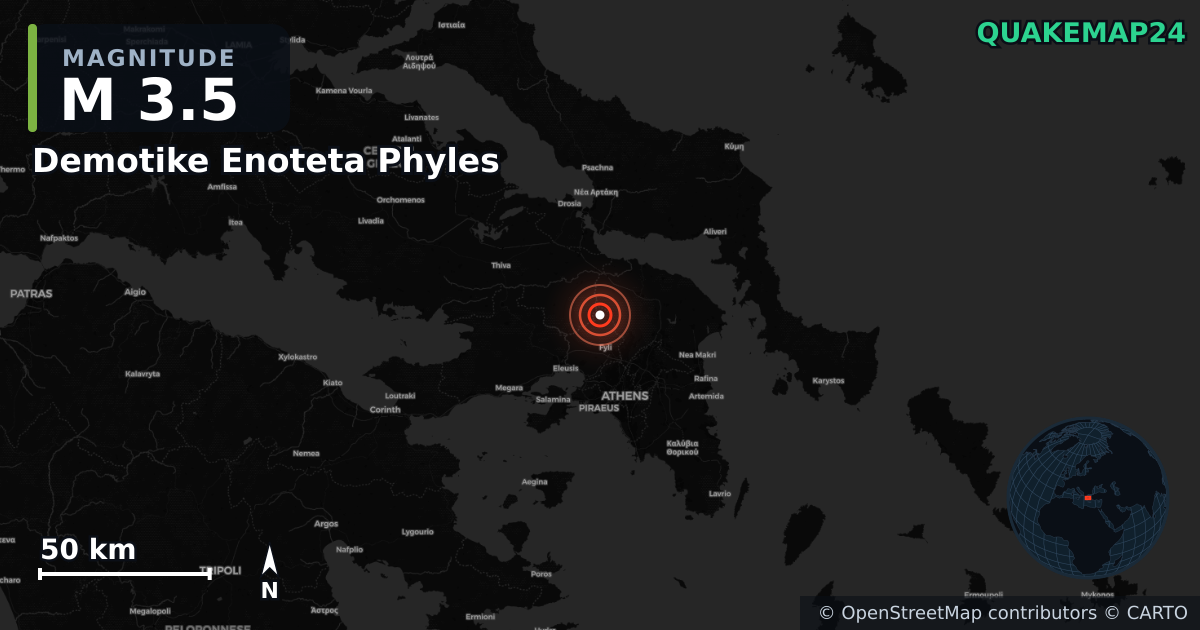 M3.5 earthquake near Demotike Enoteta Phyles on Aug 21, 2025 — map of epicenter and shaking intensity | QuakeMap24