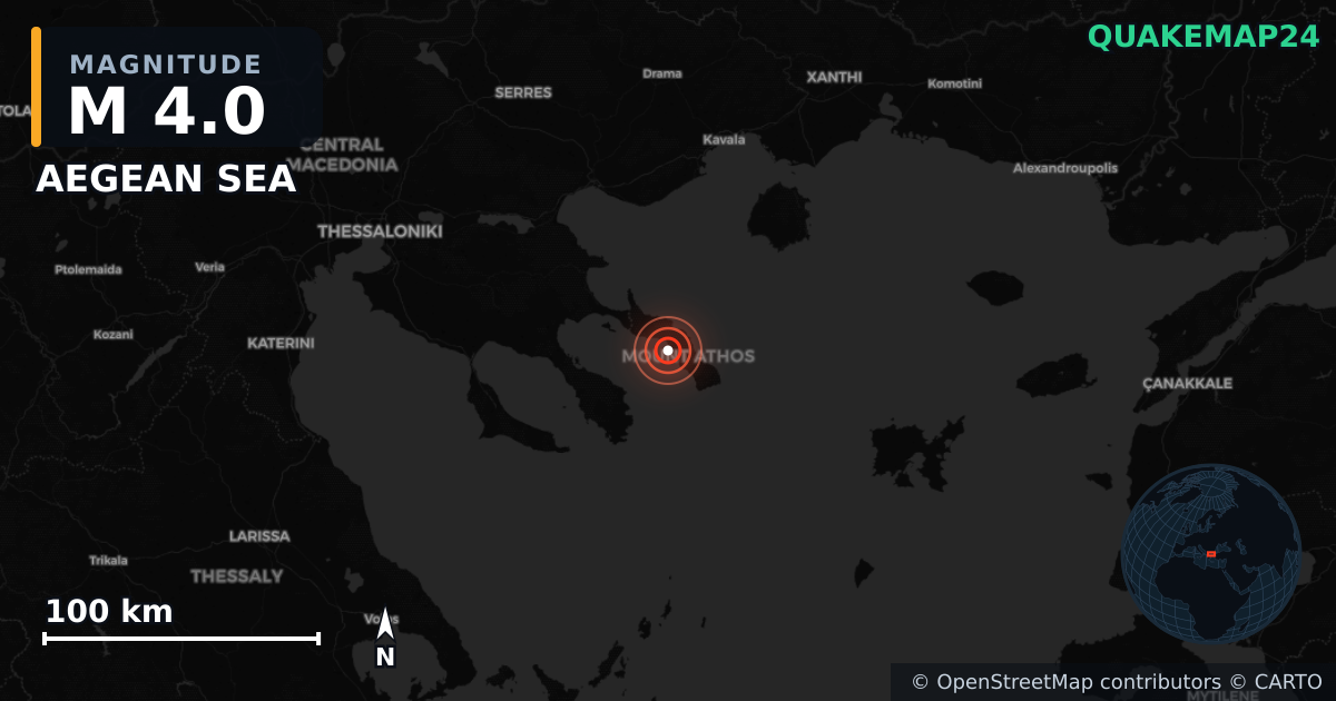 M4.0 earthquake near AEGEAN SEA on Nov 13, 2025 — map of epicenter and shaking intensity | QuakeMap24
