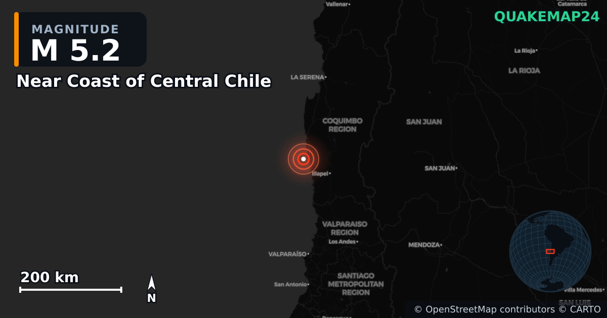 Erdbeben M5,2 bei Near Coast of Central Chile — Karte der Lage des Epizentrums