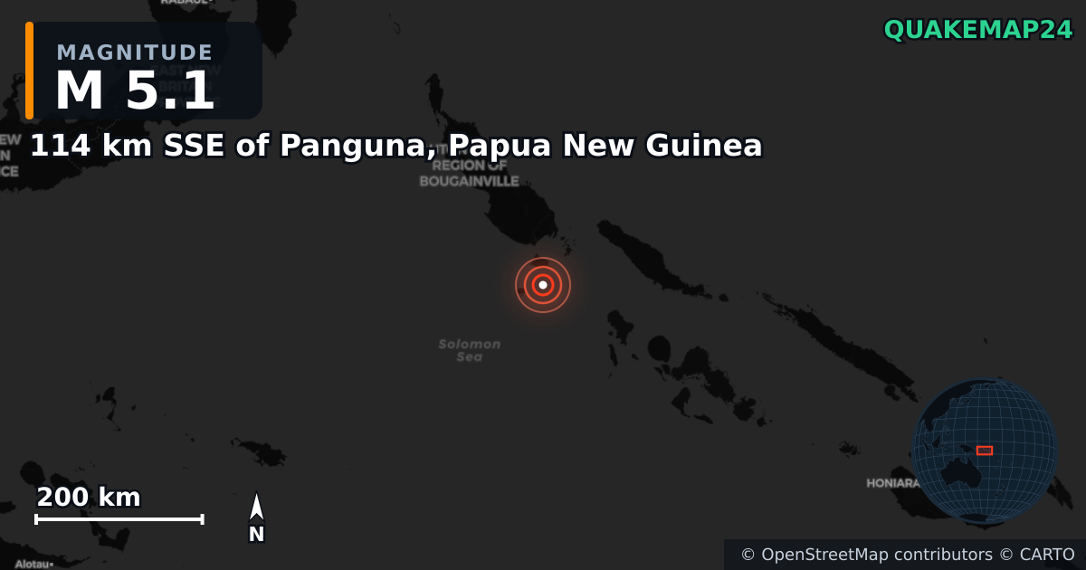M5.1 earthquake near 114 km SSE of Panguna, Papua New Guinea on Feb 23, 2025 — map of epicenter and shaking intensity | QuakeMap24
