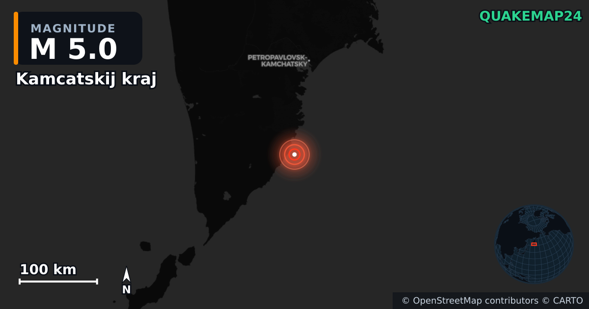 M5.0 earthquake near Kamcatskij kraj on Jul 30, 2025 — map of epicenter and shaking intensity | QuakeMap24
