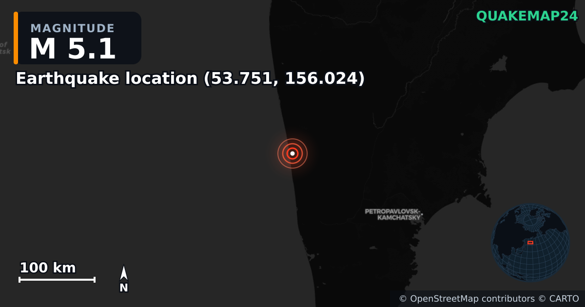 M5.1 earthquake near Deprem konumu (53.751, 156.024) on Aug 3, 2025 — map of epicenter and shaking intensity | QuakeMap24