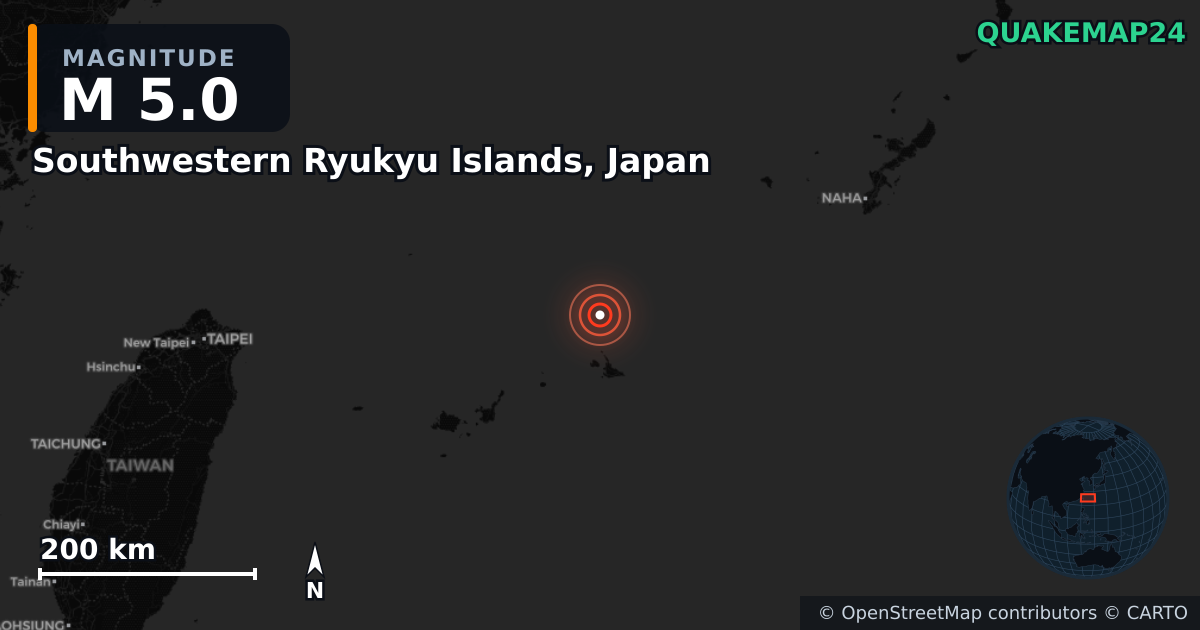 Erdbeben M5,0 bei Southwestern Ryukyu Islands, Japan — Karte der Lage des Epizentrums