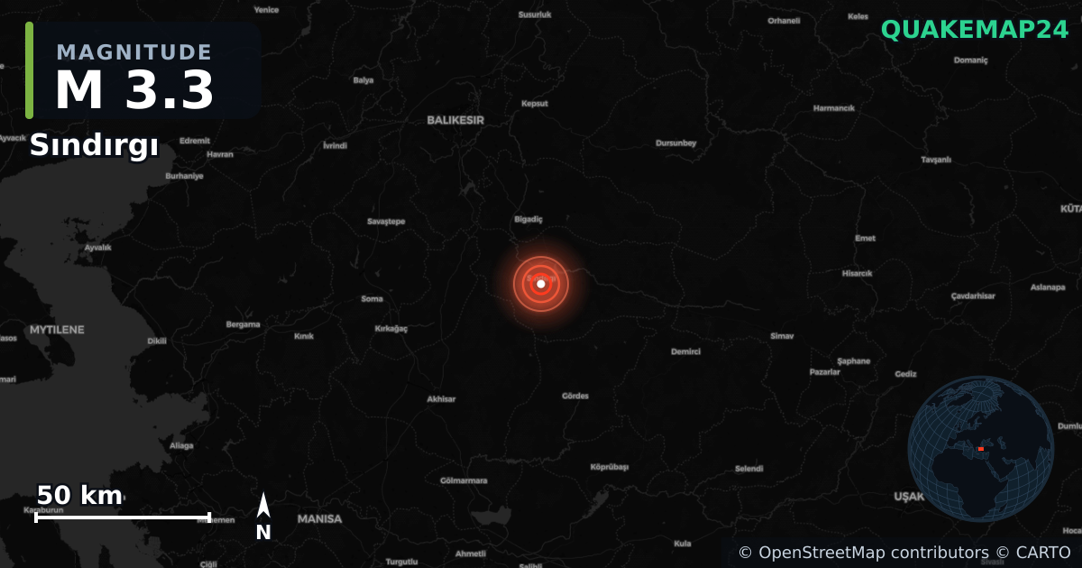 M3.3 earthquake near Sındırgı on Aug 26, 2025 — map of epicenter and shaking intensity | QuakeMap24