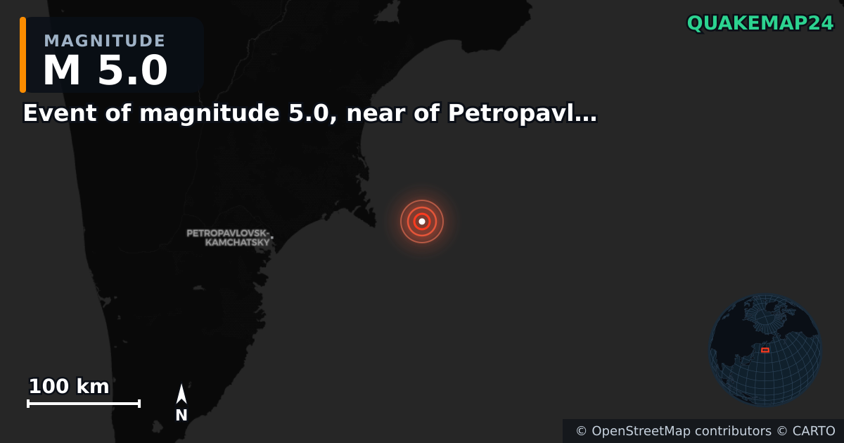 M5.0 earthquake near Event of magnitude 5.0, near of Petropavlovsk Kamchatskiy (Monde) on Sep 19, 2025 — map of epicenter and shaking intensity | QuakeMap24