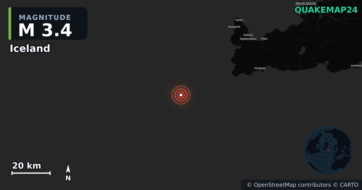 Iceland (İzlanda) yakınında M3,4 deprem · 2026-10-08 — Deprem merkez üssünün konumunu gösteren harita