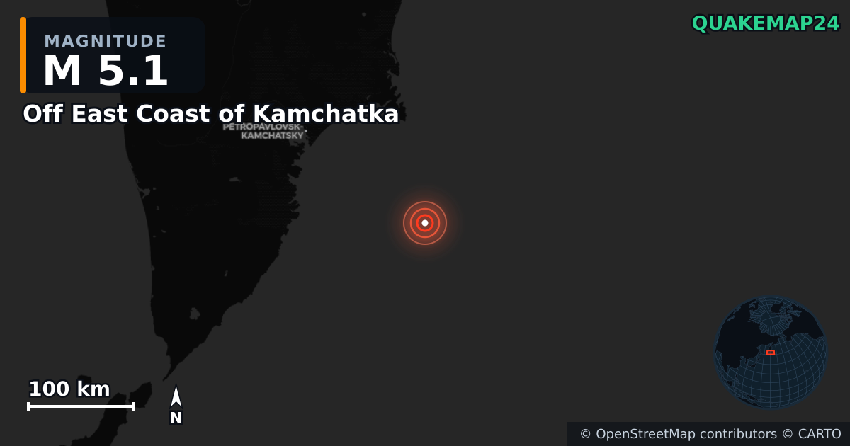 M5.1 earthquake near Off East Coast of Kamchatka on Aug 24, 2025 — map of epicenter and shaking intensity | QuakeMap24