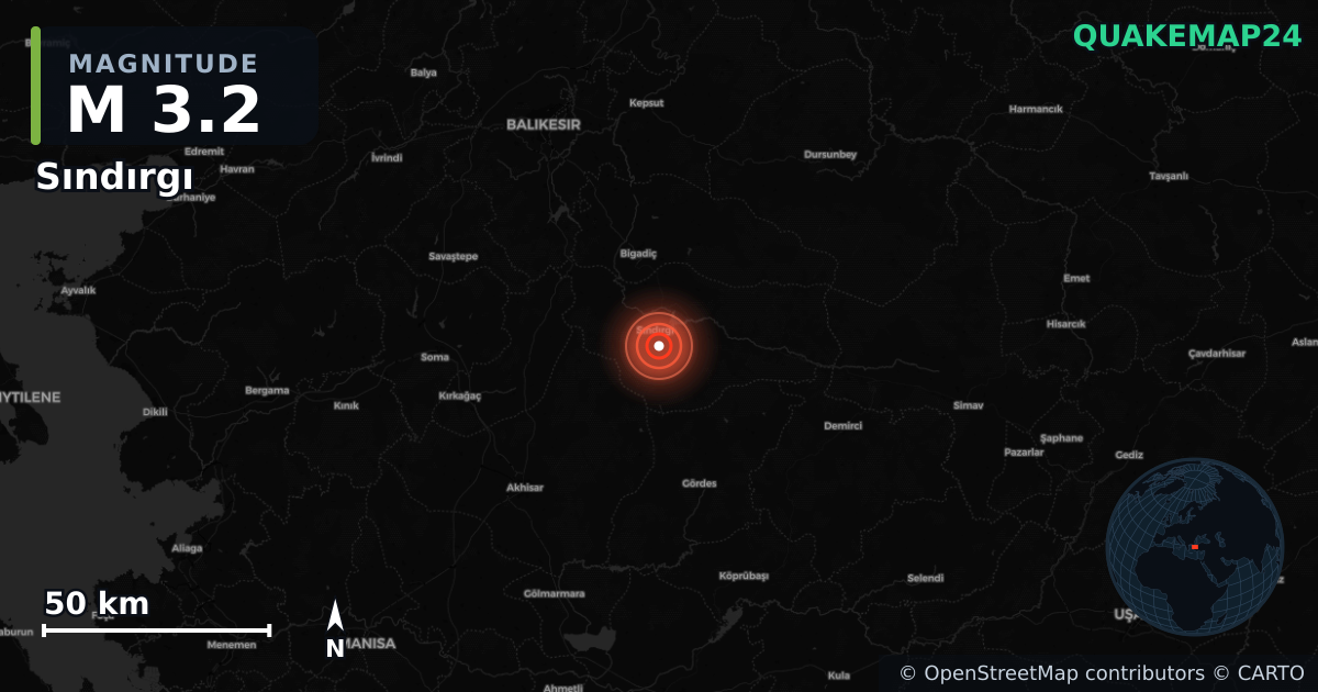 M3.2 earthquake near Sındırgı on Aug 13, 2025 — map of epicenter and shaking intensity | QuakeMap24