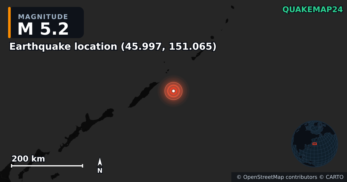 M5.2 earthquake near Τοποθεσία σεισμού (45.997, 151.065) on Oct 3, 2025 — map of epicenter and shaking intensity | QuakeMap24