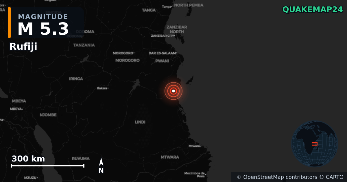M5.3 earthquake near Rufiji on Jan 20, 2026 — map of epicenter and shaking intensity | QuakeMap24
