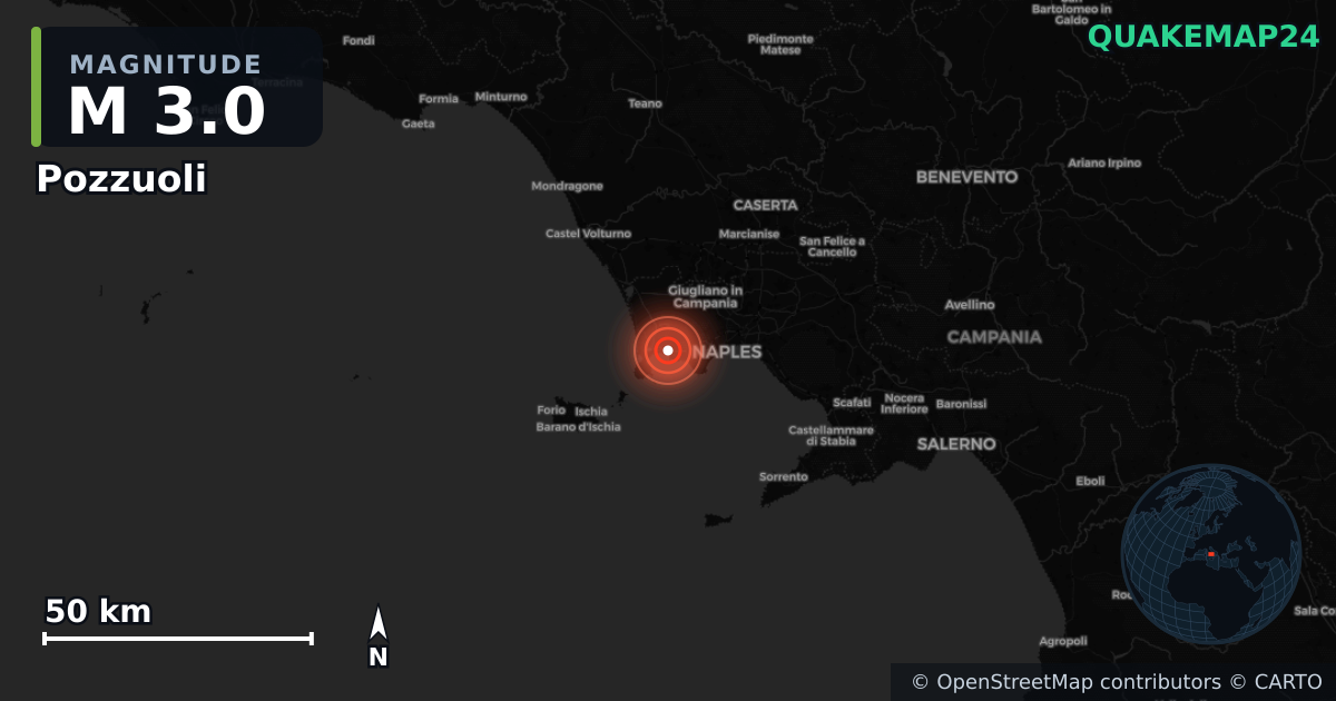 Pozzuoli, Campania (İtalya) yakınında M3,0 deprem · 2026-06-24 — Deprem merkez üssünün konumunu gösteren harita