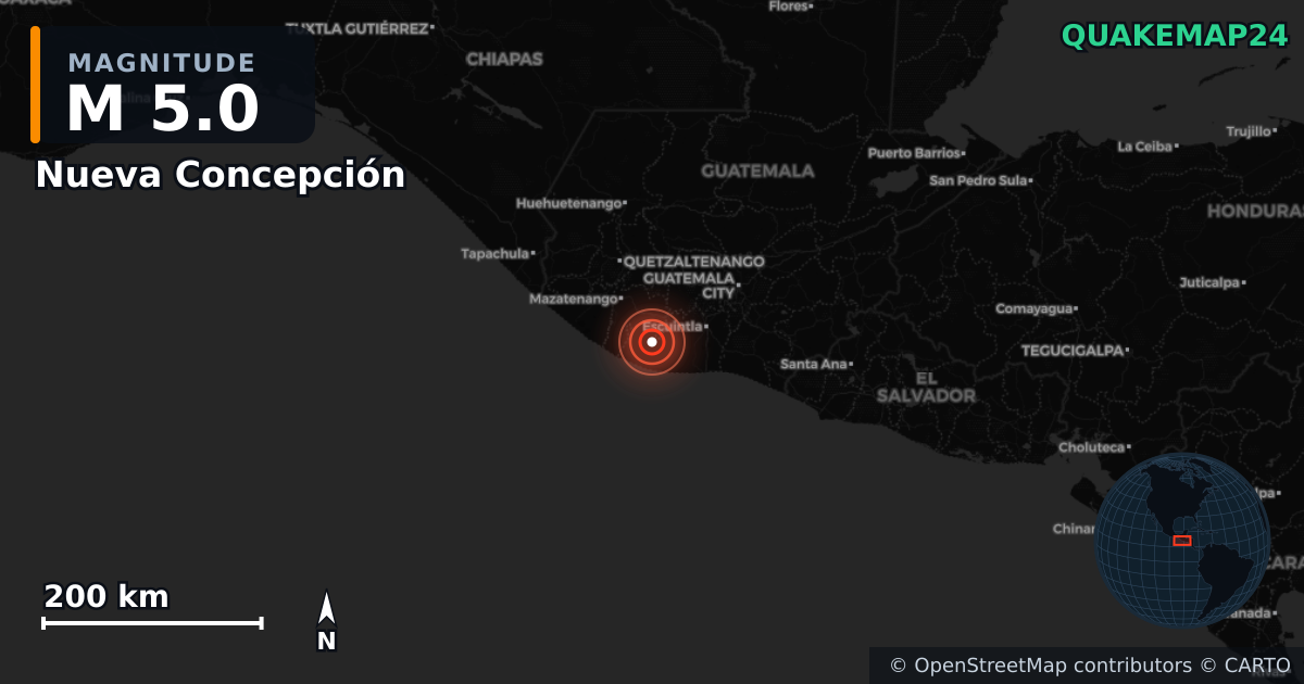 M5.0 earthquake near Nueva Concepción on Jul 30, 2026 — map of epicenter and shaking intensity | QuakeMap24
