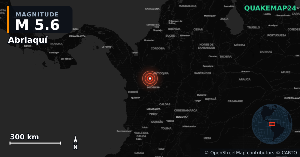 M5.6 earthquake near Abriaquí on Sep 14, 2025 — map of epicenter and shaking intensity | QuakeMap24