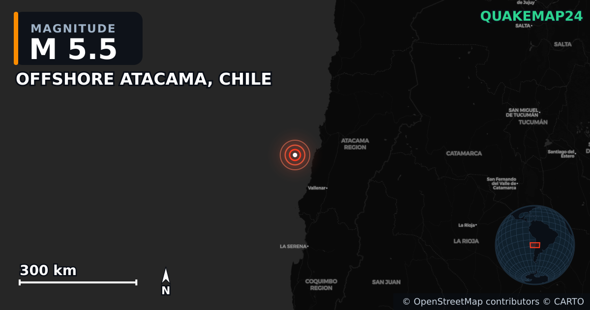 Sismo de M5,5 perto de OFFSHORE ATACAMA, CHILE — Mapa da localização do epicentro