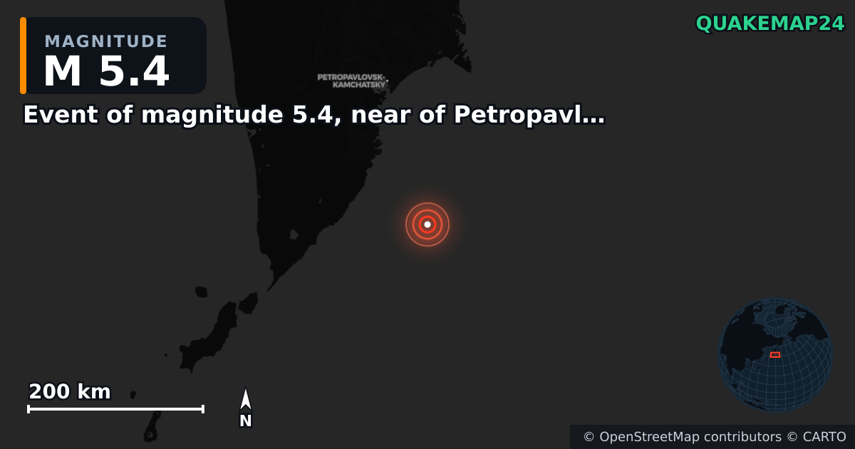 M5.4 earthquake near Event of magnitude 5.4, near of Petropavlovsk Kamchatskiy (Monde) on Sep 3, 2025 — map of epicenter and shaking intensity | QuakeMap24
