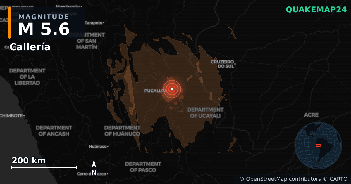 M5.6 earthquake near Callería on Jul 31, 2026 — map of epicenter and shaking intensity | QuakeMap24