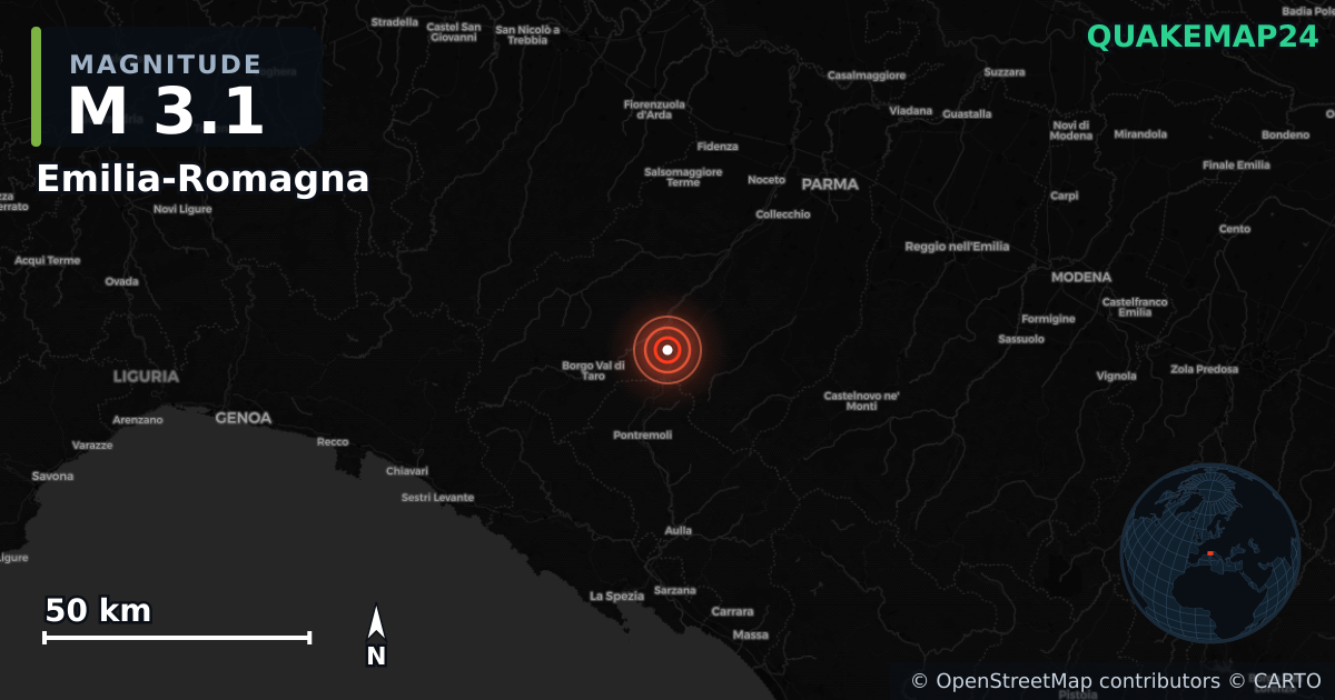 M3.1 earthquake near Emilia-Romagna on Jun 9, 2025 — map of epicenter and shaking intensity | QuakeMap24