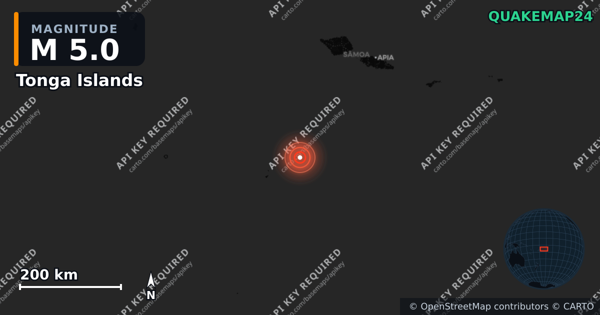 M5.0 earthquake near Tonga Islands on Apr 18, 2026 — map of epicenter and shaking intensity | QuakeMap24