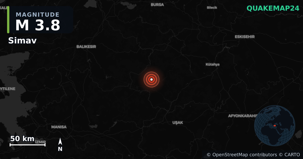 M3.8 earthquake near Simav on Jun 9, 2025 — map of epicenter and shaking intensity | QuakeMap24