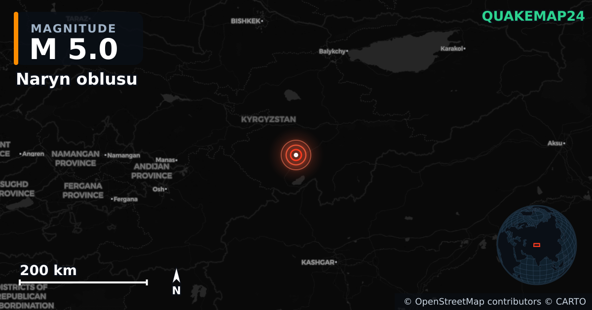 M5.0 earthquake near Naryn oblusu on Jun 7, 2025 — map of epicenter and shaking intensity | QuakeMap24