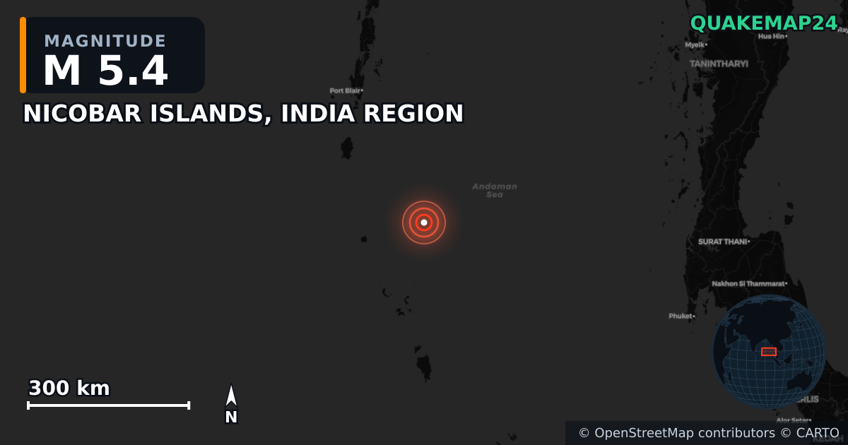 NICOBAR ISLANDS, INDIA REGION yakınında M5,4 deprem · 2025-06-25 — Deprem merkez üssünün konumunu gösteren harita