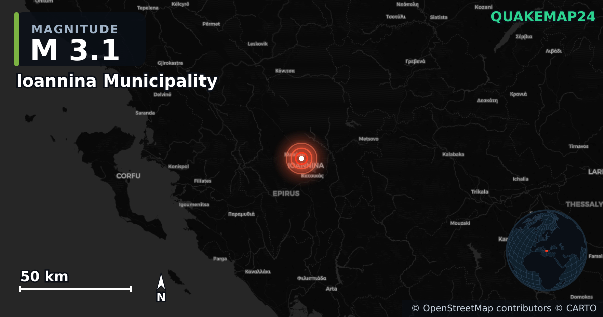 M3.1 earthquake near Ioannina Municipality on Mar 31, 2026 — map of epicenter and shaking intensity | QuakeMap24