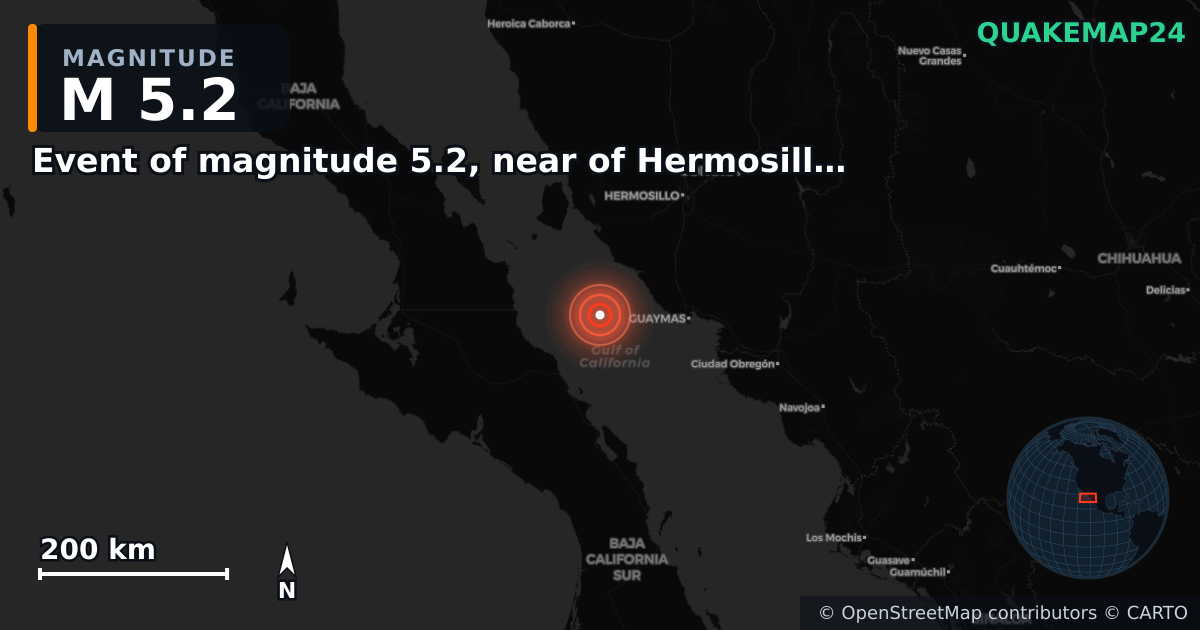 M5.2 earthquake near Event of magnitude 5.2, near of Hermosillo (Monde) on Nov 7, 2025 — map of epicenter and shaking intensity | QuakeMap24