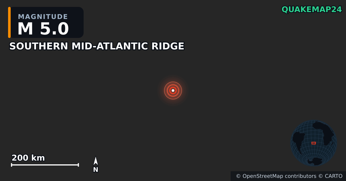 SOUTHERN MID-ATLANTIC RIDGE yakınında M5,0 deprem · 2025-06-17 — Deprem merkez üssünün konumunu gösteren harita
