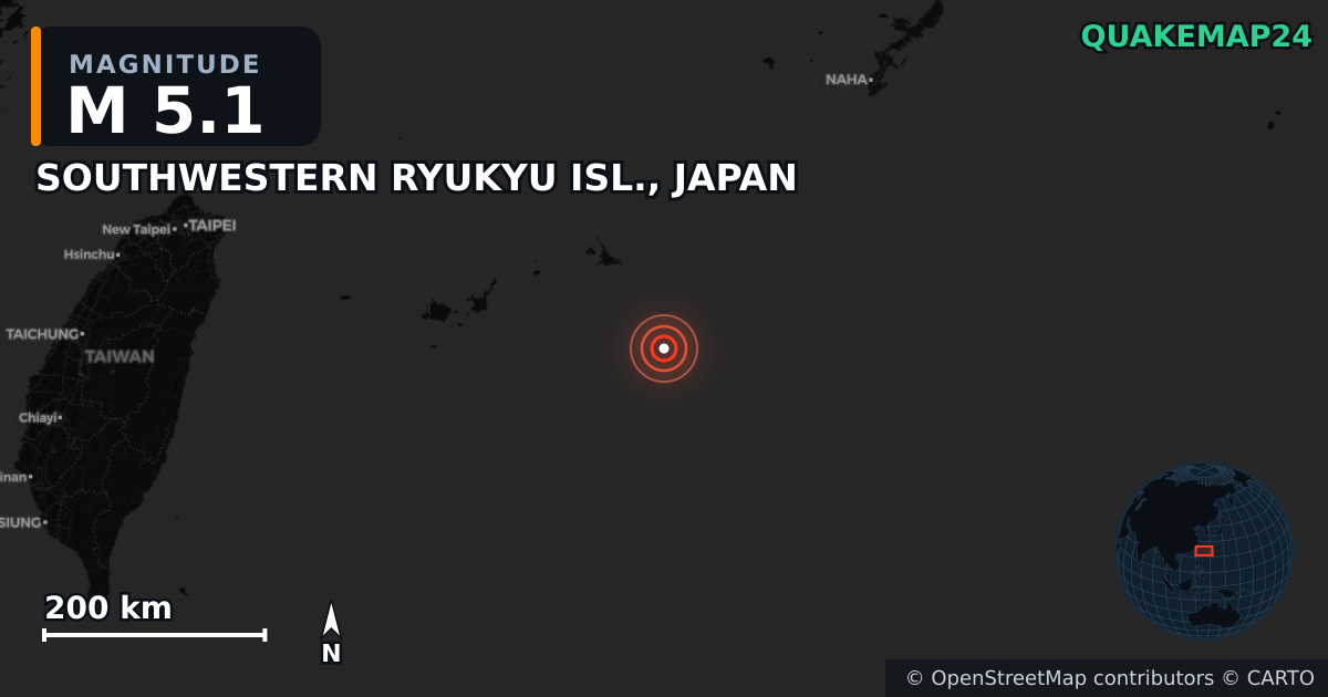 M5.1 earthquake near SOUTHWESTERN RYUKYU ISL., JAPAN on Jul 11, 2025 — map of epicenter and shaking intensity | QuakeMap24