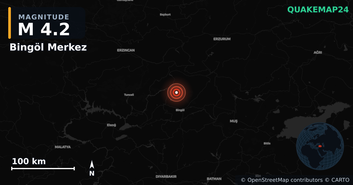 M4.2 earthquake near Bingöl Merkez on May 29, 2025 — map of epicenter and shaking intensity | QuakeMap24