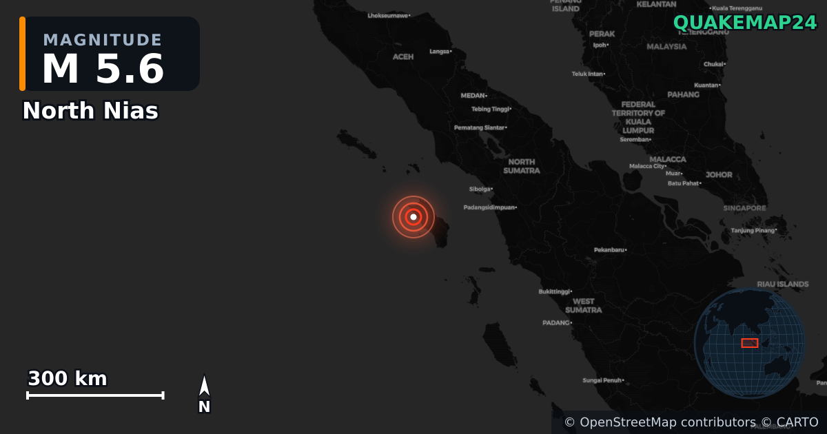 Erdbeben M5,6 bei North Nias, North Sumatra (Indonesien) — Karte der Lage des Epizentrums