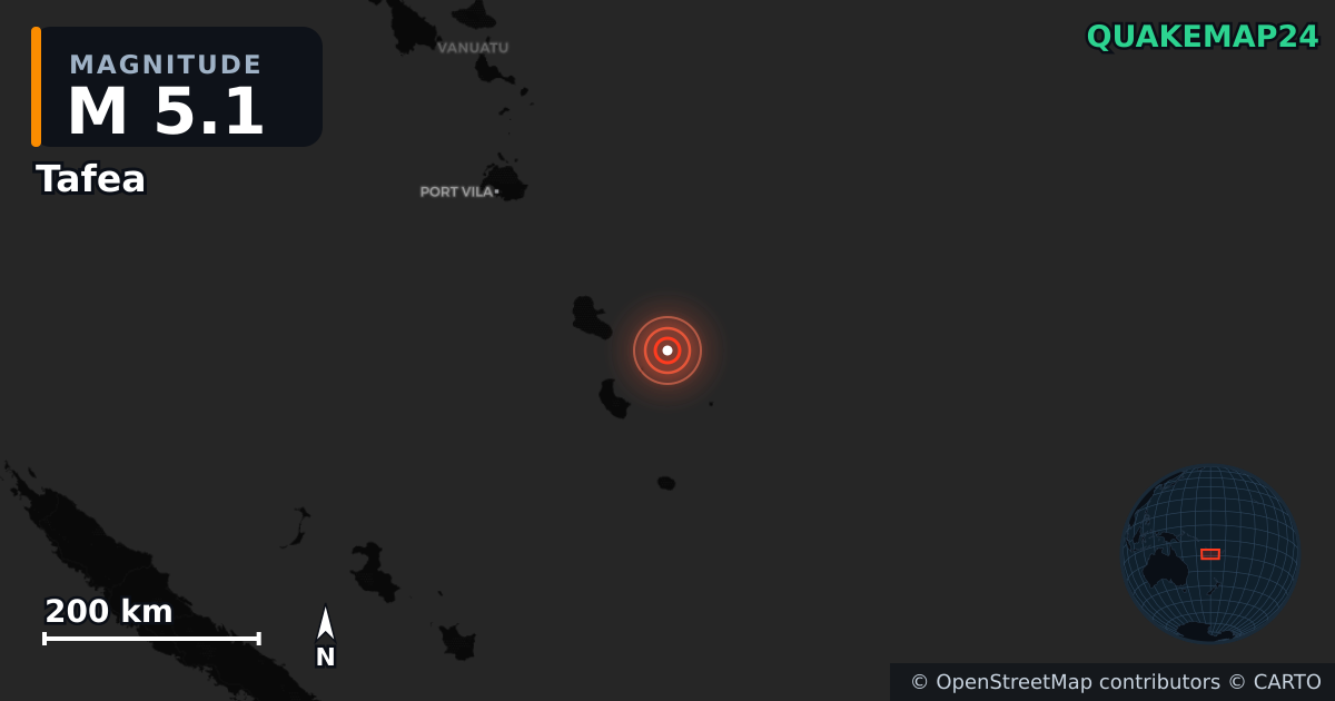 M5.1 earthquake near Tafea on Jul 18, 2025 — map of epicenter and shaking intensity | QuakeMap24