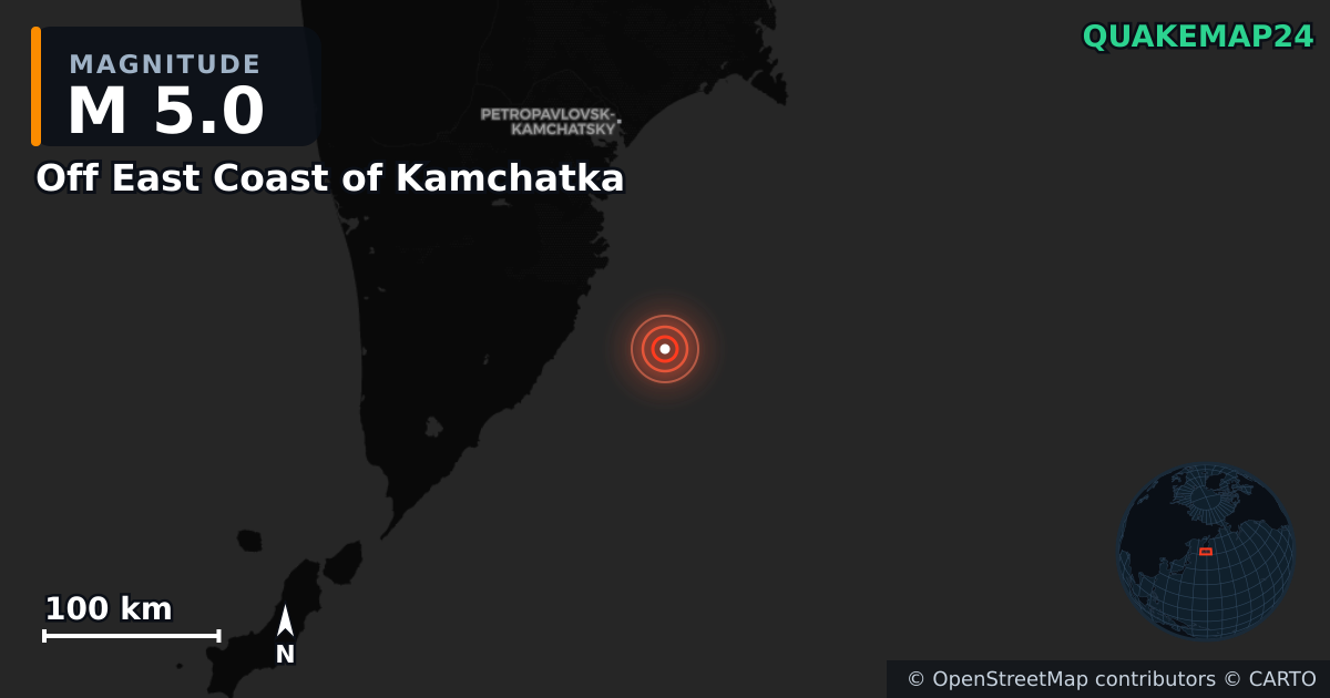 M5.0 earthquake near Off East Coast of Kamchatka on Sep 11, 2025 — map of epicenter and shaking intensity | QuakeMap24