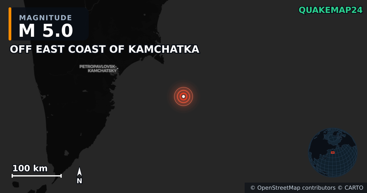 M5.0 Earthquake near OFF EAST COAST OF KAMCHATKA · 2025-07-22 — Map showing the location of the epicenter