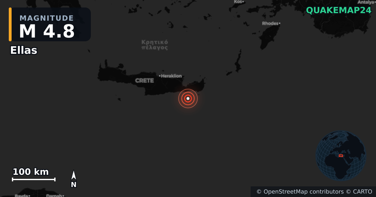 M4.8 earthquake near Ellas on Apr 19, 2026 — map of epicenter and shaking intensity | QuakeMap24