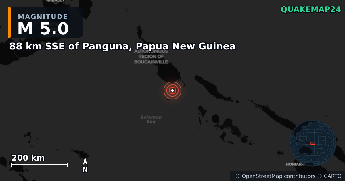 M5.0 earthquake near 88 km SSE of Panguna, Papua New Guinea on Mar 21, 2025 — map of epicenter and shaking intensity | QuakeMap24