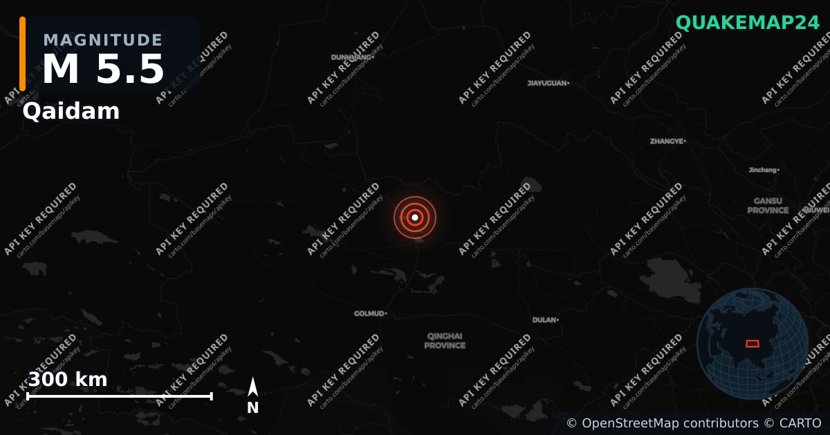 M5.5 earthquake near Qaidam on Jun 23, 2026 — map of epicenter and shaking intensity | QuakeMap24