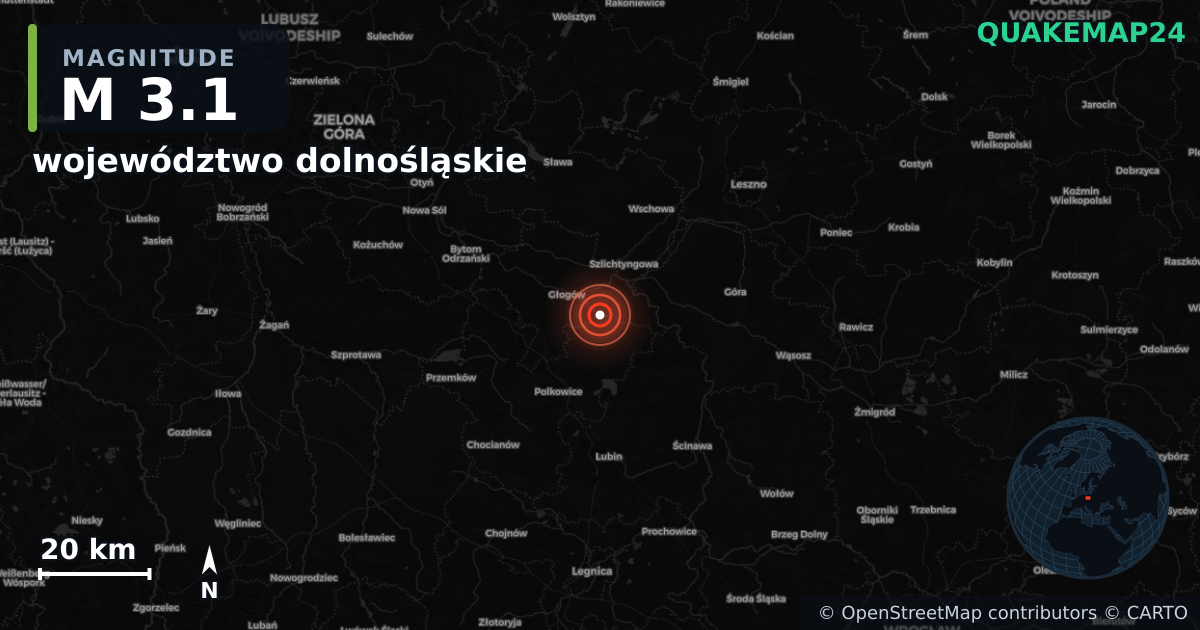 M3.1 earthquake near województwo dolnośląskie on Nov 18, 2025 — map of epicenter and shaking intensity | QuakeMap24