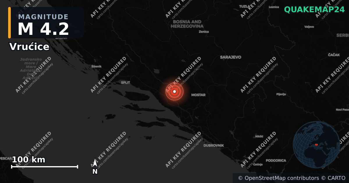 M4.2 earthquake near Vrućice on Feb 23, 2026 — map of epicenter and shaking intensity | QuakeMap24