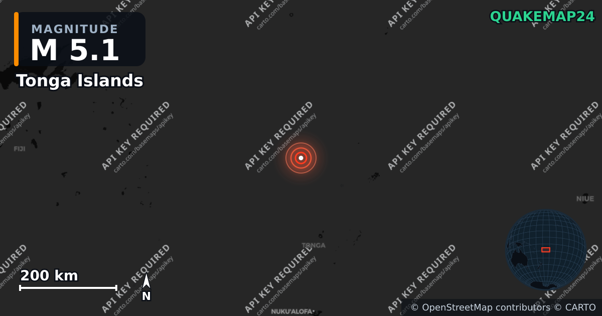 M5.1 earthquake near Tonga Islands on Apr 24, 2026 — map of epicenter and shaking intensity | QuakeMap24